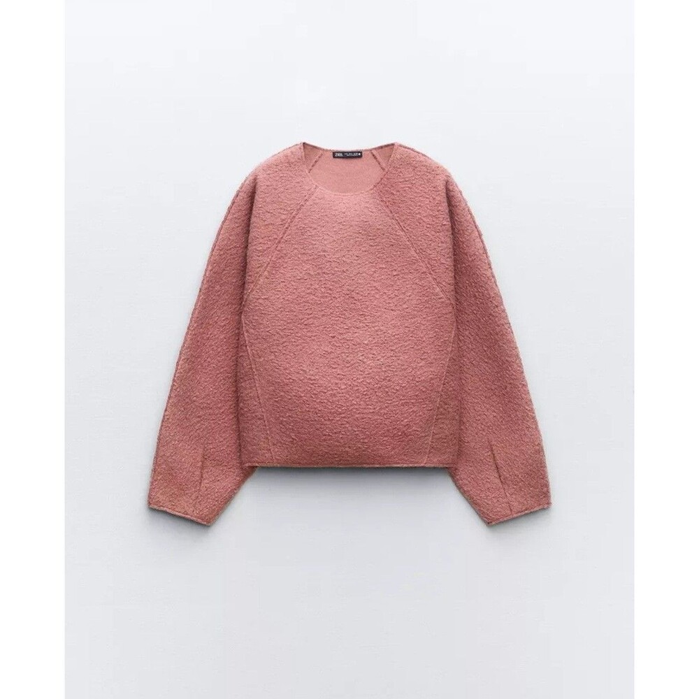 Zara Pink Textured Bouclé Knit Sweater Boxy Raglan Seam Pullover Size M